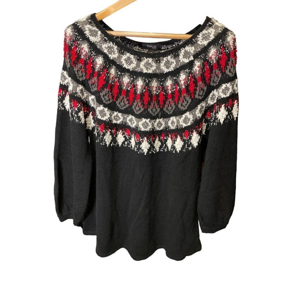 Style & Co Black Red Patterned Round Neck Bishop Sleeve Knit Sweater Sz 1X